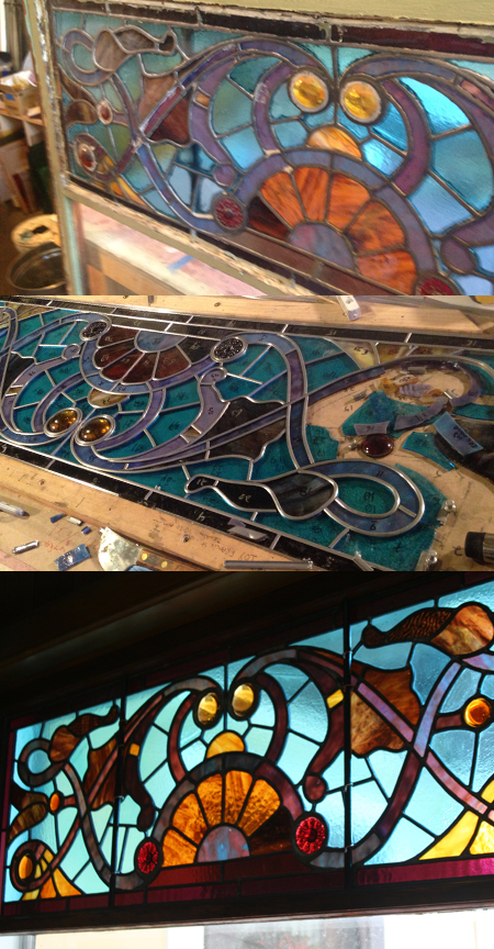 restored stained glass, before during after